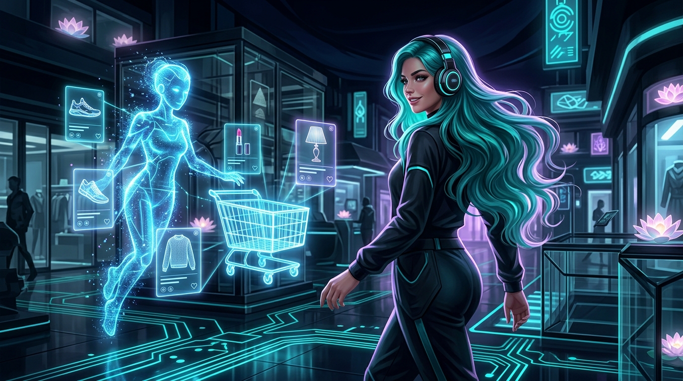 Illustration of a woman with teal hair while an AI assistant gathers products from several stores into one glowing shopping cart.